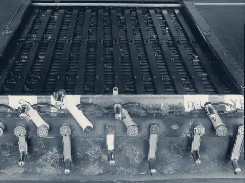 Levers and locking bed of a railway interlocking machine, which makes conflicting signal moves mechanically impossible.